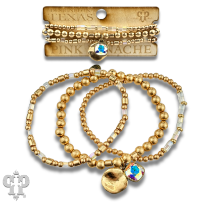 Matte gold and square glass bead bracelet stack, Austrian crystal