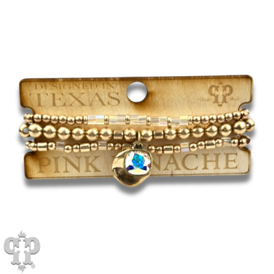 Matte gold and square glass bead bracelet stack, Austrian crystal
