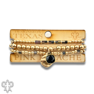 Matte gold and square glass bead bracelet stack, Austrian crystal