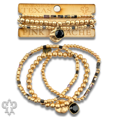 Matte gold and square glass bead bracelet stack, Austrian crystal