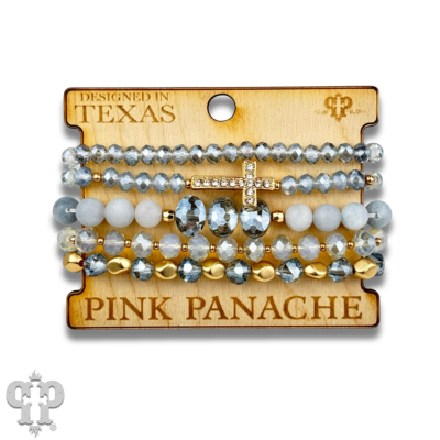 Faceted bead multi-strand bracelet stack, rhinestone cross