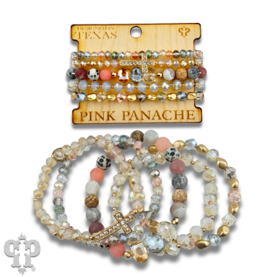 Faceted bead multi-strand bracelet stack, rhinestone cross