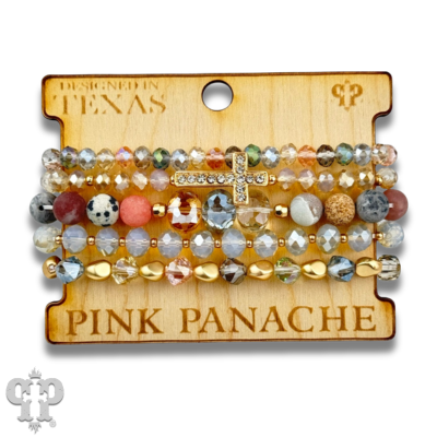 Faceted bead multi-strand bracelet stack, rhinestone cross