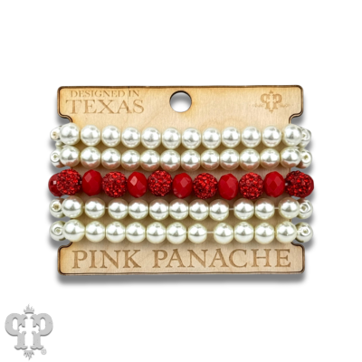 Cream pearl and red bead bracelet stack