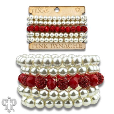 Cream pearl and red bead bracelet stack