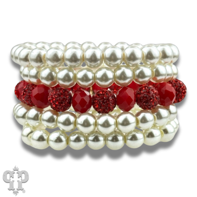 Cream pearl and red bead bracelet stack