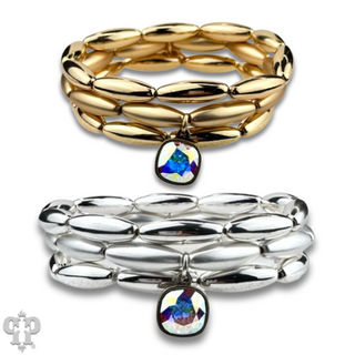 Matte and shiny tube bead bracelet stack with Austrian crystal