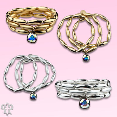 Matte and shiny tube bead bracelet stack with Austrian crystal