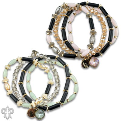 Mixed bead bracelet stack with Austrian crystal charm