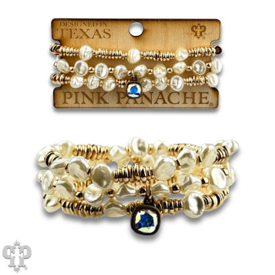 Acrylic pearl bead bracelet stack with Austrian crystal charm