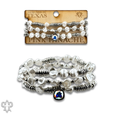 Acrylic pearl bead bracelet stack with Austrian crystal charm