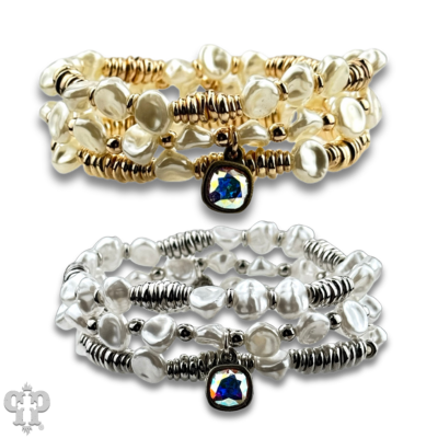 Acrylic pearl bead bracelet stack with Austrian crystal charm