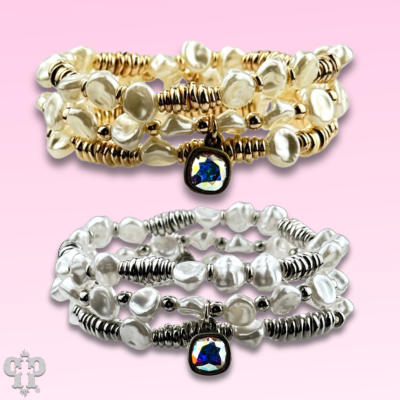Acrylic pearl bead bracelet stack with Austrian crystal charm
