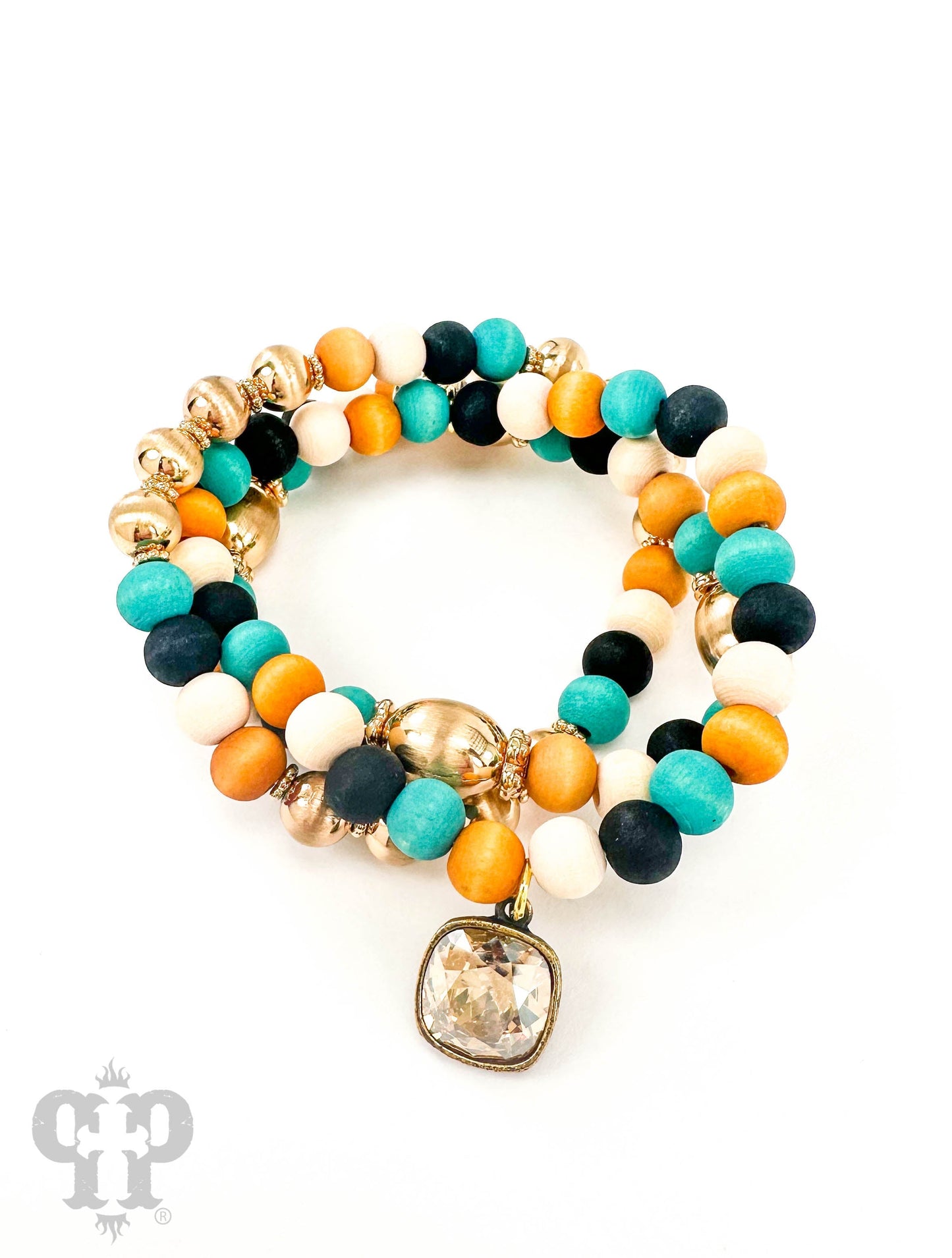 Multi-color wood bracelet set with Austrian crystal