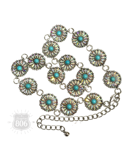 Flower rhinestone concho link belt