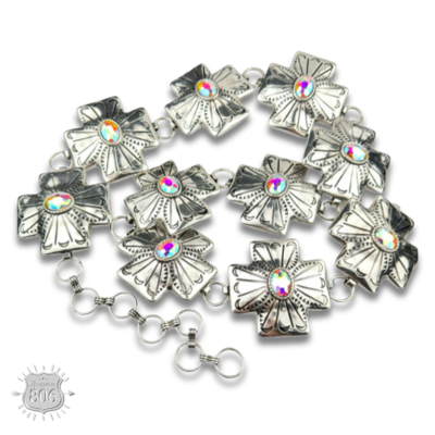 Western square cross concho linked belt with oval rhinestone