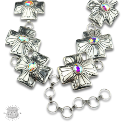 Western square cross concho linked belt with oval rhinestone
