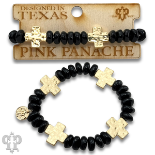 Gold cross and black beaded bracelet