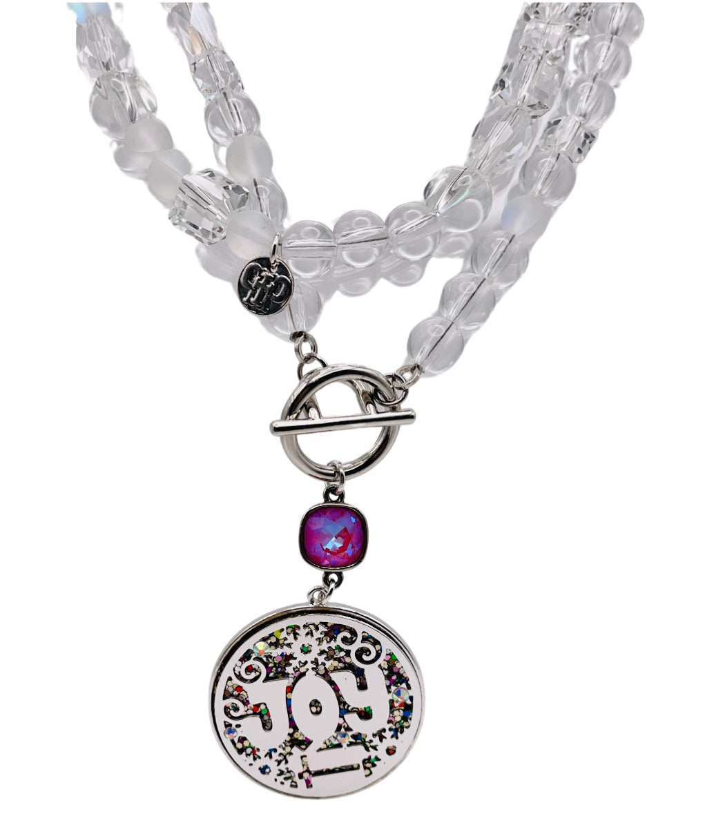 Clear bead necklace with JOY pendant and Austrian crystal