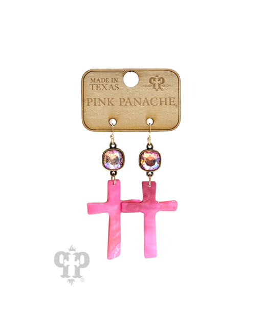 Mother-of-pearl finish cross charm earring with Austrian crystal