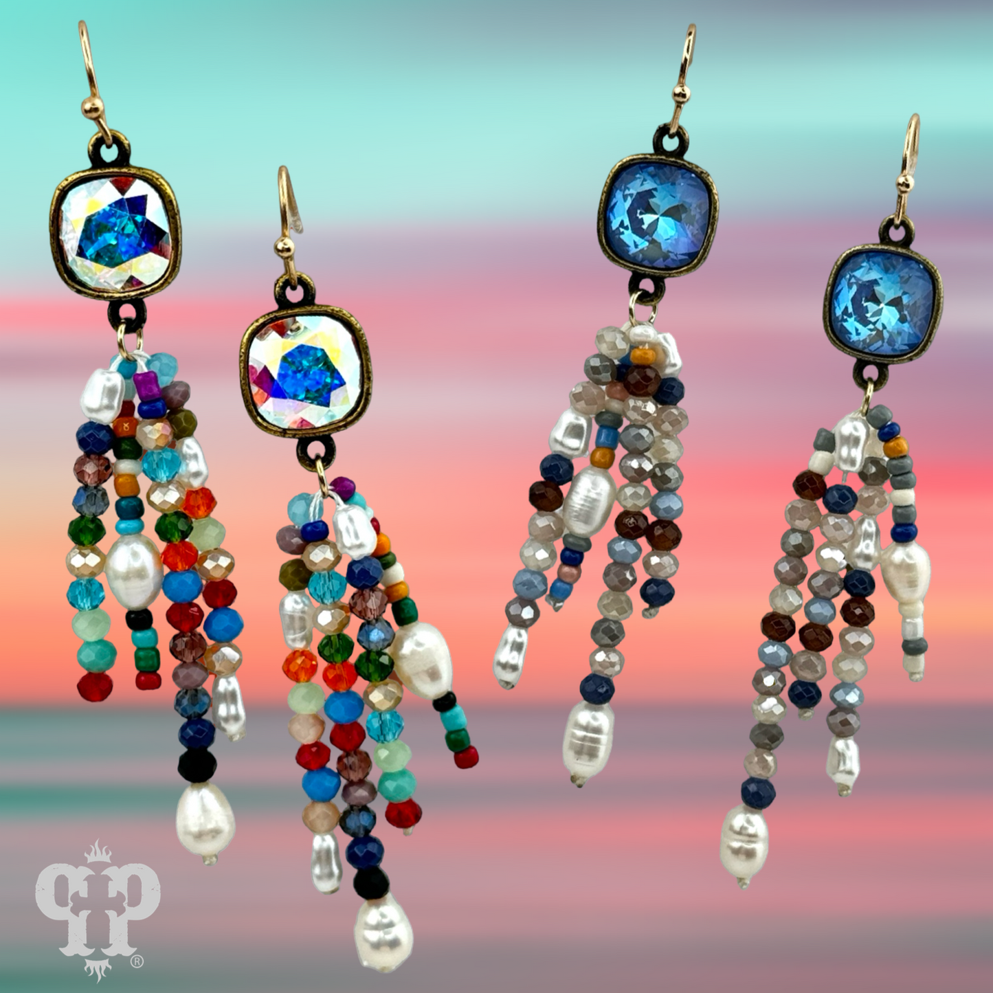 Bead fringe earring, Austrian crystal