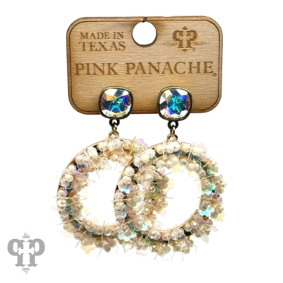 Flower and seed bead wrapped circle earrings, Austrian crystal