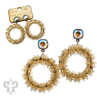 Flower and seed bead wrapped circle earrings, Austrian crystal