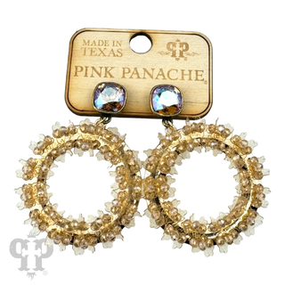 Flower and seed bead wrapped circle earrings, Austrian crystal