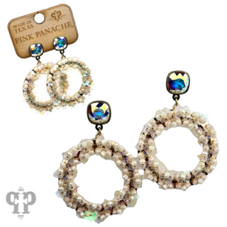 Flower and seed bead wrapped circle earrings, Austrian crystal