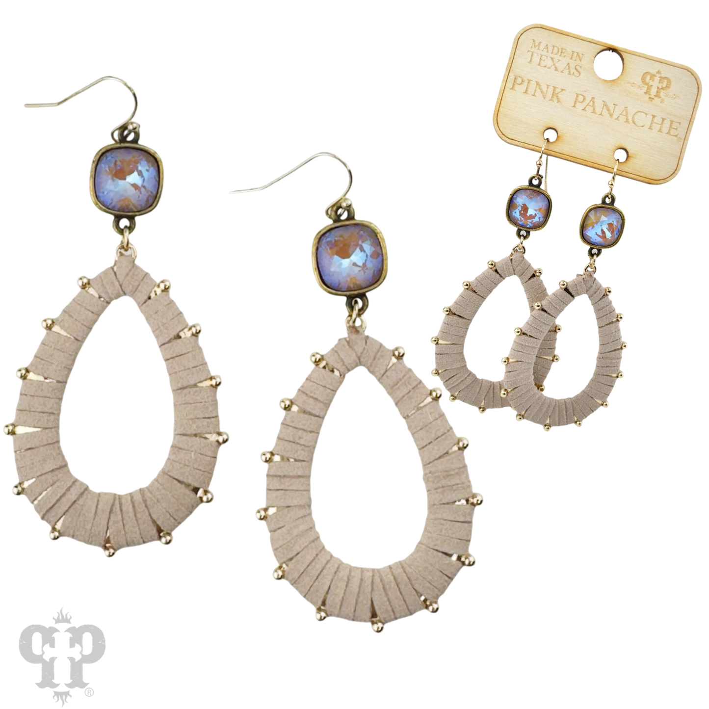 Cream suede teardrop and Austrian crystal dangle earring