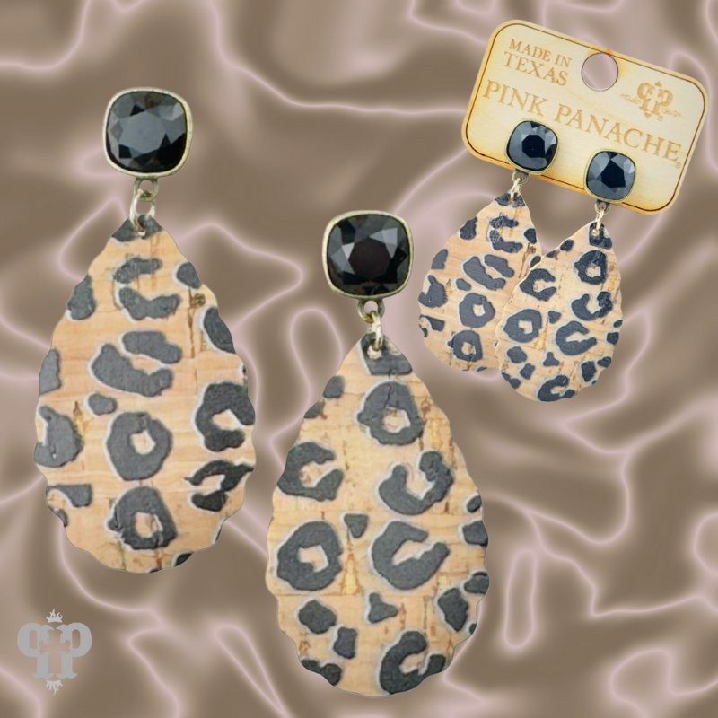 Leopard print cork teardrop and Austrian crystal dangle earring
