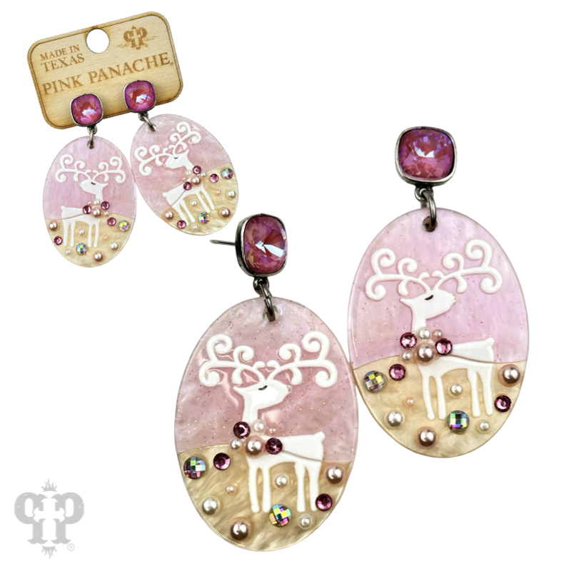 Pink Christmas reindeer earring with Austrian crystal