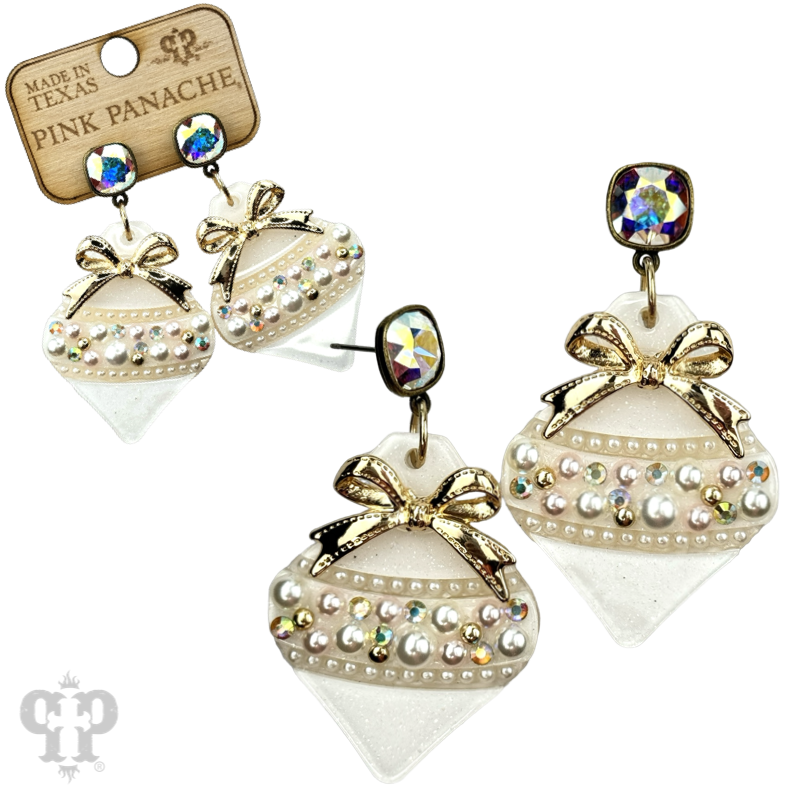 Iridescent pearl and bow Christmas ornament earring, Austrian crystal