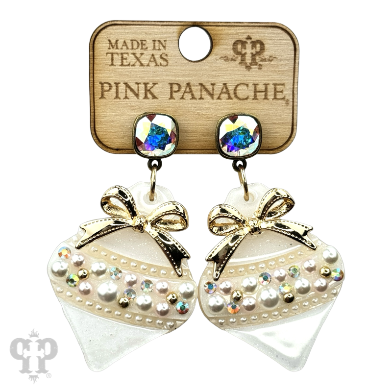 Iridescent pearl and bow Christmas ornament earring, Austrian crystal