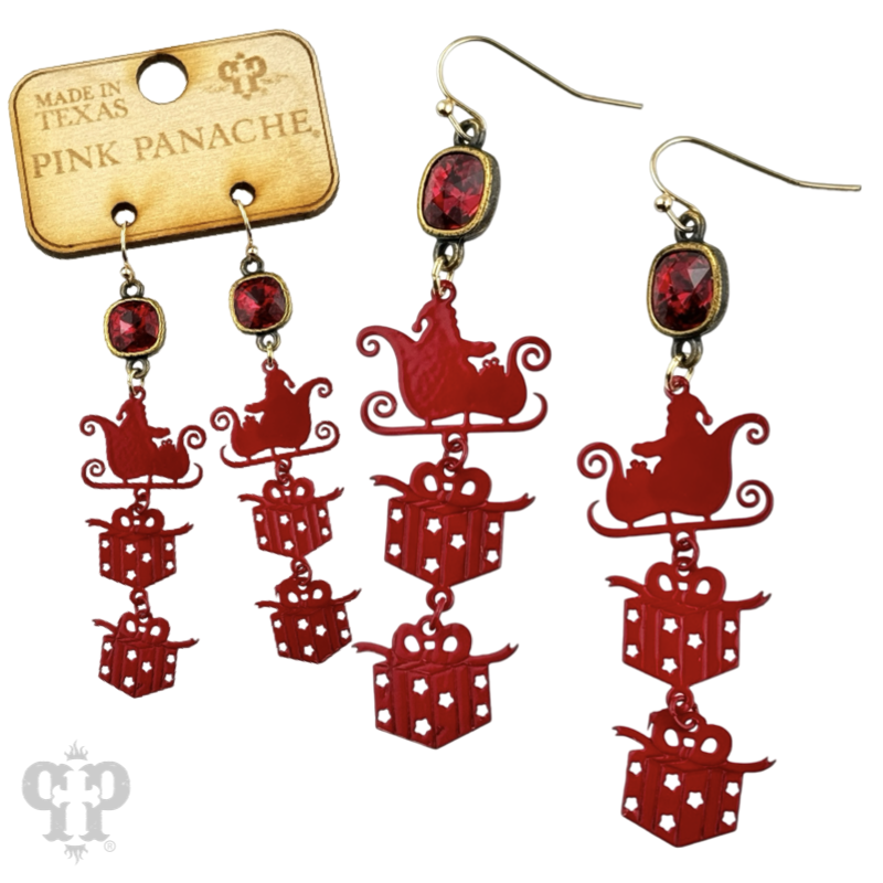 Santa's sleigh and gift earring with Austrian crystal