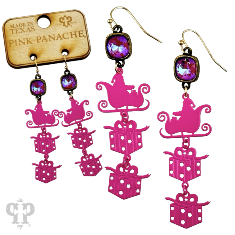 Santa's sleigh and gift earring with Austrian crystal