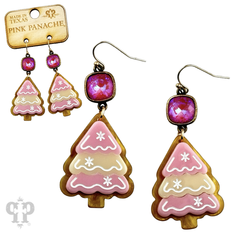 Pink acrylic layered Christmas tree earring with Austrian crystal