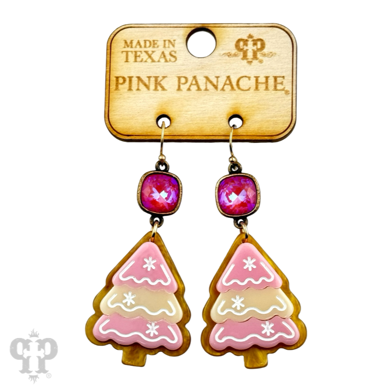 Pink acrylic layered Christmas tree earring with Austrian crystal