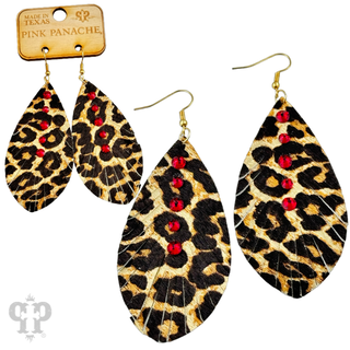 Leather animal print teardrop earring, Austrian crystals
