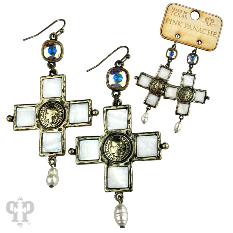 Iridescent pearl cross and coin earring, Austrian crystal