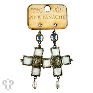 Iridescent pearl cross and coin earring, Austrian crystal