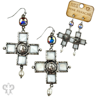 Iridescent pearl cross and coin earring, Austrian crystal