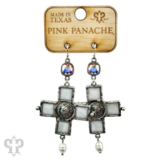 Iridescent pearl cross and coin earring, Austrian crystal