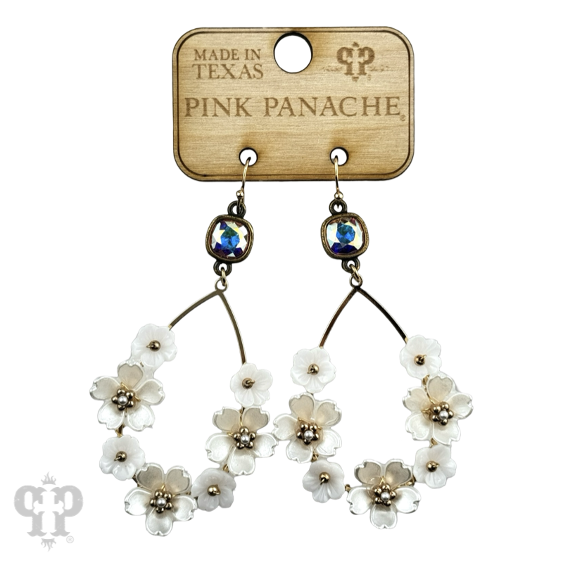 Iridescent pearl flower charm teardrop earring, Austrian crystal