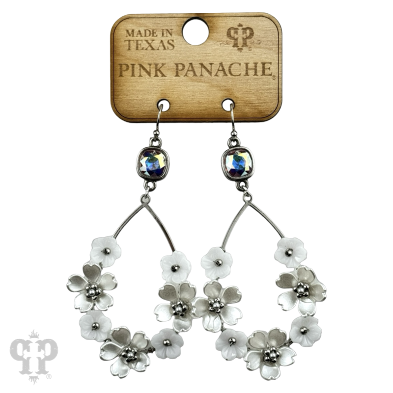 Iridescent pearl flower charm teardrop earring, Austrian crystal