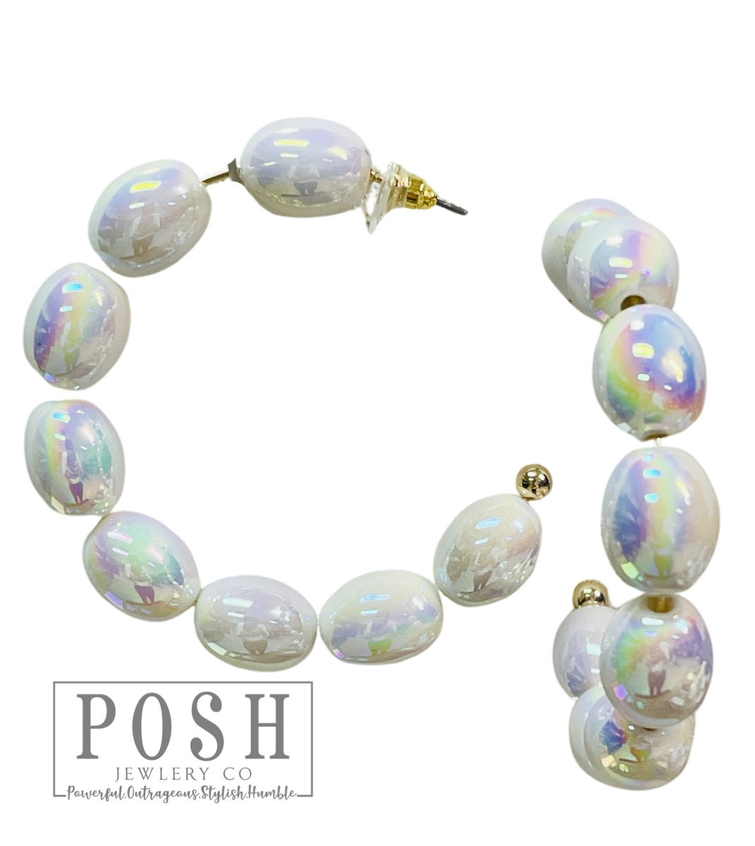 Oval iridescent bead hoop earring, last call