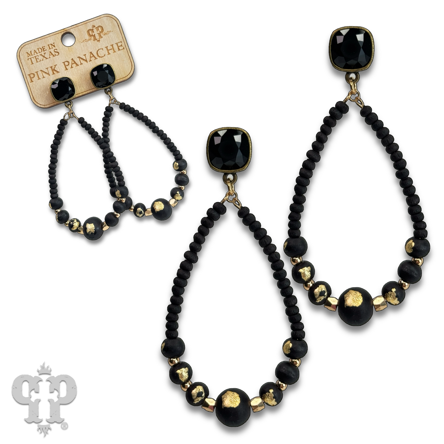 Graduated wood bead teardrop earring with Austrian crystal