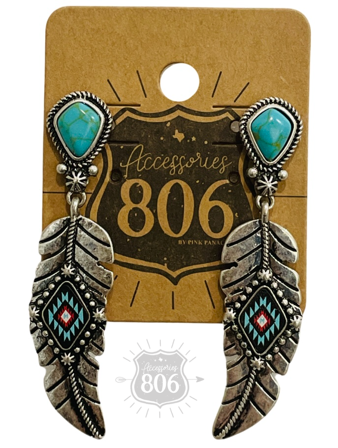 Silver feather on stone post earring