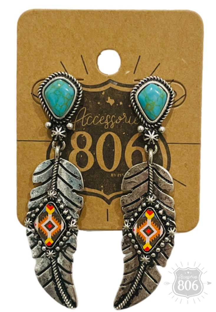 Silver feather on stone post earring