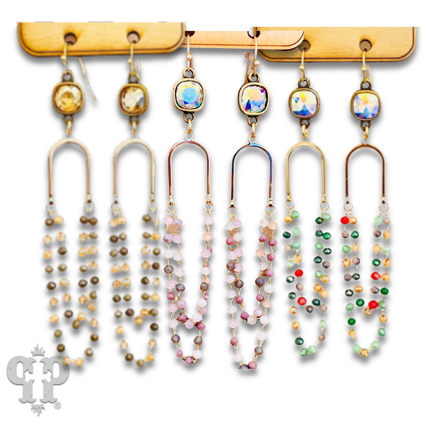 Linked bead mix and gold arch earring with Austrian crystal